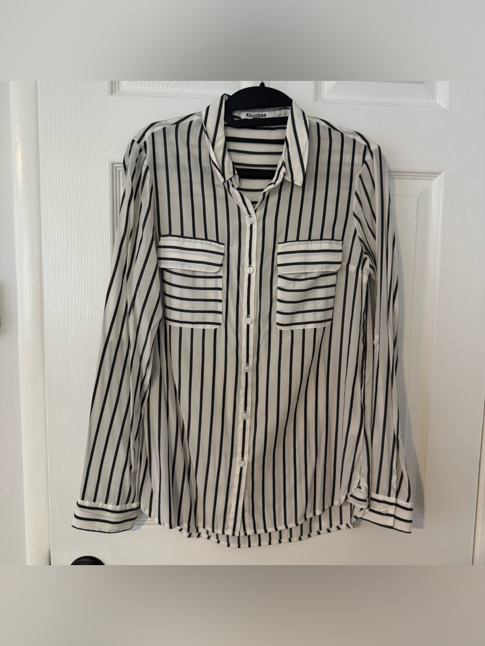 Express Women’s Cream and Grey Vertical Stripe Button-Up Shirt